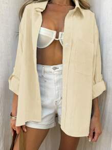 INAWLY 女士纽扣式长袖条纹休闲宽松时尚衬衫女士衬衫 - 黃色 - 查看 4