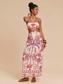Travachic Rochie lungă cu imprimeu complet și talie goală pentru femei - Roz - Vizualizare 2