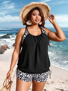 Swim Lushoire Plus Size Women Solid Color Patchwork Colorful Printed Adjustable Straps Tankini Top & High-Waist Printed Shorts Swimsuit Set, Elegant Casual Beach Holiday Outfit For Summer Beach Vacation