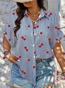 SHEIN LUNE Plus Size Loose Casual Versatile Striped Cherry Print Shirt With Folded Sleeve Cuffs