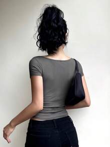 DAZY 女式方领纯色扭纹修身短袖 T 恤，夏季 Y2K，返校服装 - 灰色 - 查看 7