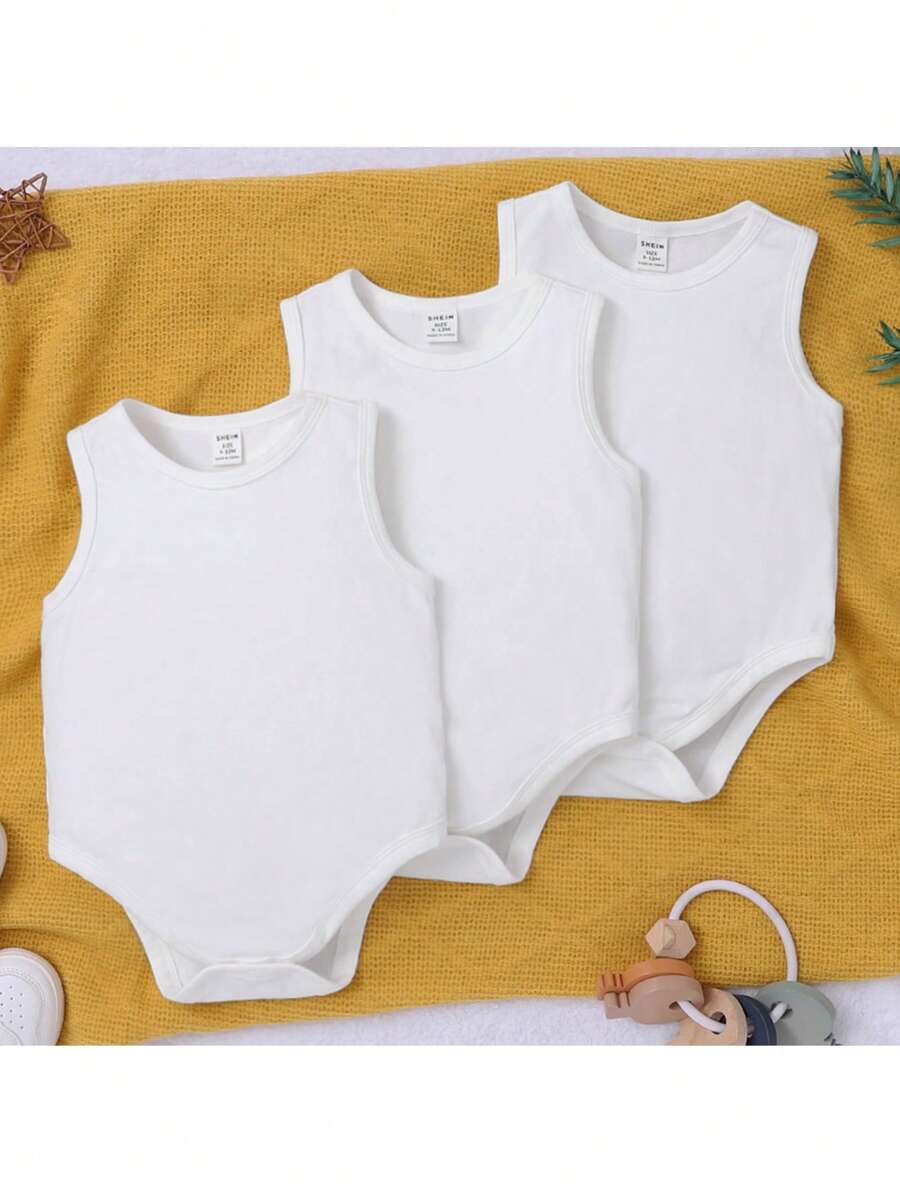 Loomiva Baby Boy's Casual Knit Solid Color Sleeveless Bodysuit With Open Crotch, 3pcs/Set