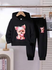 Conjunto de moletom com capuz e calça comprida com estampa de gato de desenho animado para meninas, primavera/outono - Preto - Ver 3