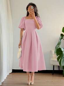 Elenzga 女式简约优雅法式圆领垂坠下摆 A 字短袖休闲办公室商务派对连衣裙，春夏季