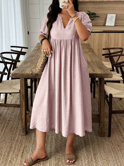 Weeklong Plus Size Women Solid Color V-Neck Puff Sleeve Mini Dress For Vacation