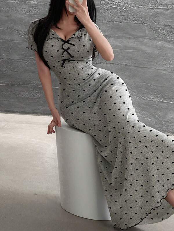 Feyla Women's Elegant Heart Print With Bow Decor Long Dress, Summer