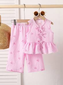 SHEIN 2pcs Baby Girls Toddler Newborn 0-3Y Summer Vacation Cute Bow Striped Vest Top + Pants Outfit Set Fall Winter - Pink - View 4