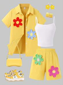 Tween Girls3pcs Set: 3D Floral Short Sleeve Shirt + Solid Color Camisole + Shorts, Casual Summer Outfit
