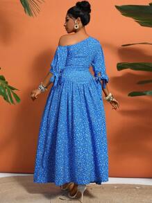 Lunelith SHEIN Lunessa New Arrival Chic Ditsy Floral Asymmetrical Shoulder Women's Long Dress, High-End Style