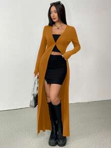 SHEIN EZwear Áo len cardigan dài cài nút màu nâu gỉ sét thoải mái cho nữ vào mùa thu/đông - Rỉ Nâu - Xem 4