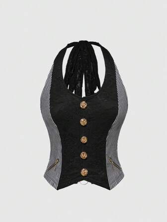 J-Fashion بليزر مخطط بطراز هاراجوكو الرجعي Y2K ، و توب ميتاليك خلفي مفتوح مزين بالدانتيل للنساء