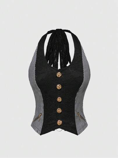 J-Fashion بليزر مخطط بطراز هاراجوكو الرجعي Y2K ، و توب ميتاليك خلفي مفتوح مزين بالدانتيل للنساء