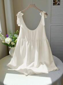 Comfortcana Bộ đồ liền thân không tay cổ tròn trang trí nút thắt màu trơn, mùa hè - Màu be - Xem 5