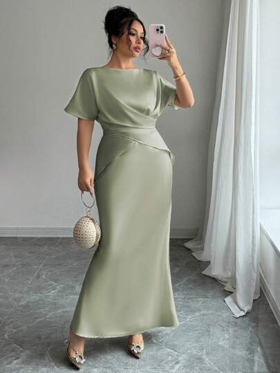 Elenzga 大码女式春夏法式优雅奢华办公室、约会、通勤休闲度假下午茶 V 领交叉腰鱼尾下摆假两件肩袖长裙，缎面材质，正式