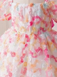 SHEIN Váy dệt tay bồng cổ viền hoa 3D cho bé gái - Hồng - Xem 4