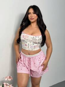 Firerie Plus Size Women Casual Loose Shorts With Elegant Color Blocking, Heart Stripes Print, Suitable For Spring/Summer, Vacation & Home, Comfy - Pink - View 5
