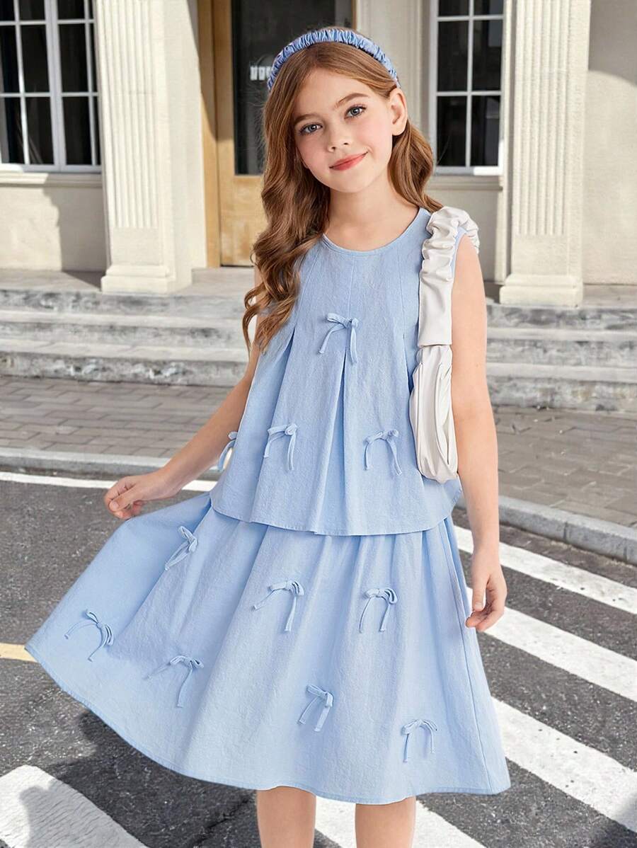 SHEIN Tween Girls Comfort Solid Color Crew Neck Sleeveless Top And A-Line Skirt Set - Blue - View 1