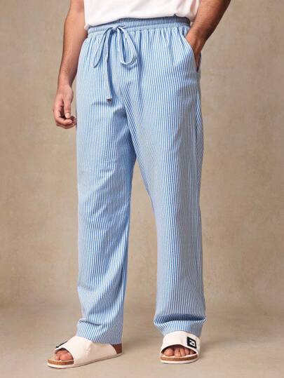 HIMLAND Men's Casual Commuter Striped Drawstring Waist Pants Men's Summer Blue & White Vertical Stripe Casual Pants, Relaxed Fit Breathable Straight Leg Resort Style. Men's Casual Striped Print Straight Leg Pants, For Daily Commute, Beach Travel, Men's Striped Casual Pants, Blue White Vertical Stripe Pants Men, Drawstring Beach Pants Men, Relaxed Fit Breathable Trousers Men, 2026 New Men's Trousers, Resort Wear Striped Pants, Lightweight Pajama Style Lounge Pants, Summer Straight Leg Striped Trousers Men, Seersucker Pants, Summer Out Pattern, For Vacation, Beach For Husband Boyfriend Gift Simple Fashion Commuting