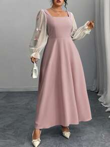 Modelyn Plus Size Color Block Mesh Panel Crew Neck Bow Knot Elegant Long Sleeve Dress Fall Cloth For Women - Pink - View 6