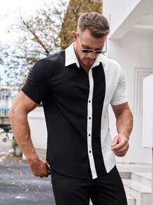 BRENVORS Musclefit 男士梭织时尚日常成熟休闲黑白撞色缝线修身短袖衬衫，旅行必备，夏季，男友，毕业礼物，健身必备 - 黑色 - 查看 1