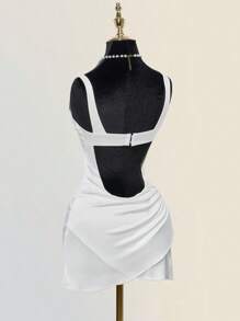 SHEIN ICON Y2K Style Lace Patchwork Ruched Open Back Mini Dress,Club Outfits Women Sexy,Boho Clothes Women - White - View 7