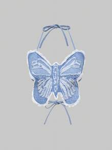 ROMWE Grunge Punk 女式蝴蝶镂空做旧系带无袖牛仔上衣 - 藍色 - 查看 1