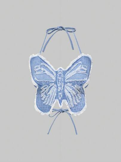 Grunge Punk Women's Butterfly Cutout Distressed Tie Back Sleeveless Denim Tops