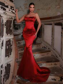 Glamrae 优雅红色亮面缎面弹力露肩甜心领口修腰美人鱼露背可调节系带礼服，适合晚宴、度假、婚礼、礼服、晚会、婚礼宾客 - 紅色 - 查看 3