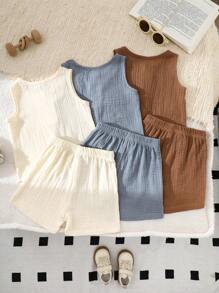 SHEIN Vintaside Kids Ensemble d'été de 6 pièces pour bébé garçon, débardeur unicolore décontracté assorti à des shorts, 3 ensembles en café, abricot et bleu, coupe ample, convenant pour la maison, les loisirs, les sorties et les occasions de fête