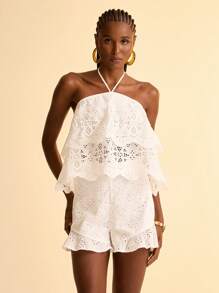 CAJUNI Camicetta estiva casual bianca da donna, a trama intrecciata ricamata, semi-trasparente, con collo alla halter e orlo a balze, adatta per spiaggia e resort