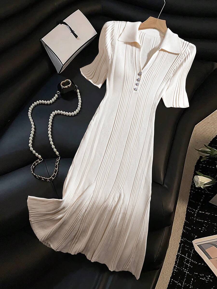 Franclia Women's Simple Solid V-Neck Godet Hem Ribbed Knit Sweater Dress