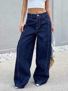 EURMUSE Jean femme taille basse, ample et ample en denim brut - Jean brut - Voir 5
