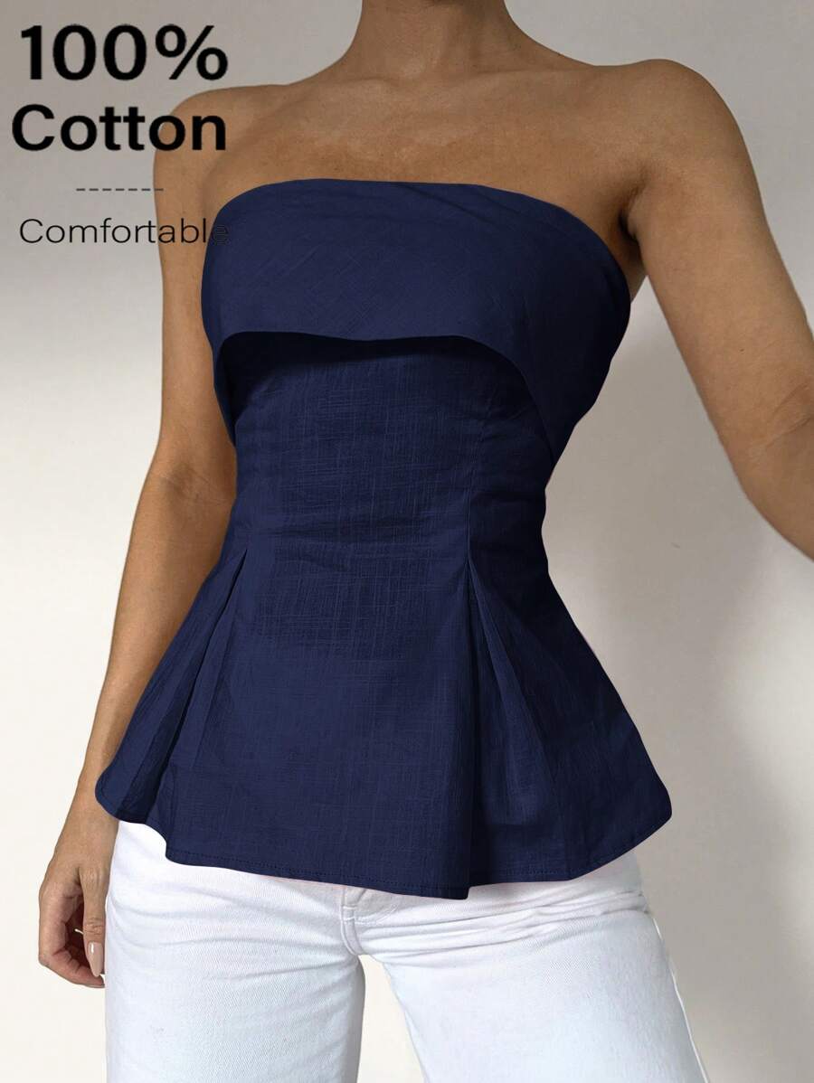Siren Gaze Linen-Cotton Tube Top: Waist-Defining Bohemian Office Wear | Old Money Elegance Summer 2025 New Release | Day-To-Night Transition & Office Siren Style Navy Blue Tube Top Strapless Peplum Top Women Strapless Tops Peplum Tops For Women Casual