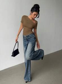Siren Gaze Elegant Asymmetric Collar Short Sleeve T-Shirt, Summer New Design Slim Fit Casual Top For Women