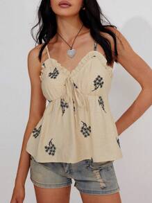 Roylia Women Linen Embroidered Frill Trim Camisole Top - Apricot - View 4