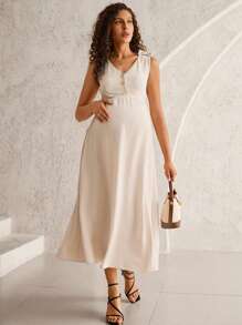 MaterniWear Khaki V-Neck Open Front Sleeveless Casual Work/Office Maternity Dress  Old Money Style Women  Business Casual Woman