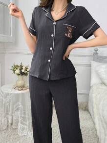 SHEIN Set Piyama Wanita Lengan Pendek Warna Blok dengan Saku dan Bordir Beruang Teddy - Dark Grey - View 3