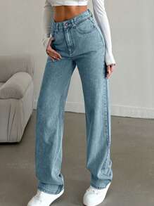 SHEIN Tall Jeans taille haute à jambe droite effet neige lavé pour grandes tailles - Jean clair - Voir 7