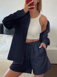 Livesso 2pcs Women Casual Solid Color Loose Fit Long Sleeve Shirt & Shorts Set, Spring/Summer,Fall Clothes Lounge Sets For Women - Navy Blue - View 4