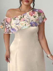 Elenzga Đầm thanh lịch cổ lưới xếp nếp cho nữ cỡ lớn - Rượu sâm banh - Xem 4