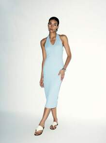 SHEIN LUNE Solid Color Textured Neck-Tie Bodycon Sexy Modern Halter Dress For Women - Blue - View 3