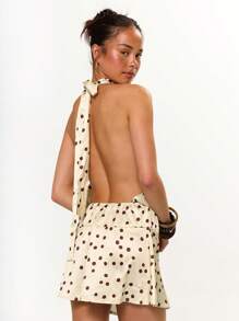 MUSERA Halter Neck Open Back Drop Waist Satin Polka Dot Mini Dress Birthday Graduation Summer Vacation Holiday Festival Cute Casual Elegant Tuscan Sun Ibiza Wedding Guest Beach Night Out