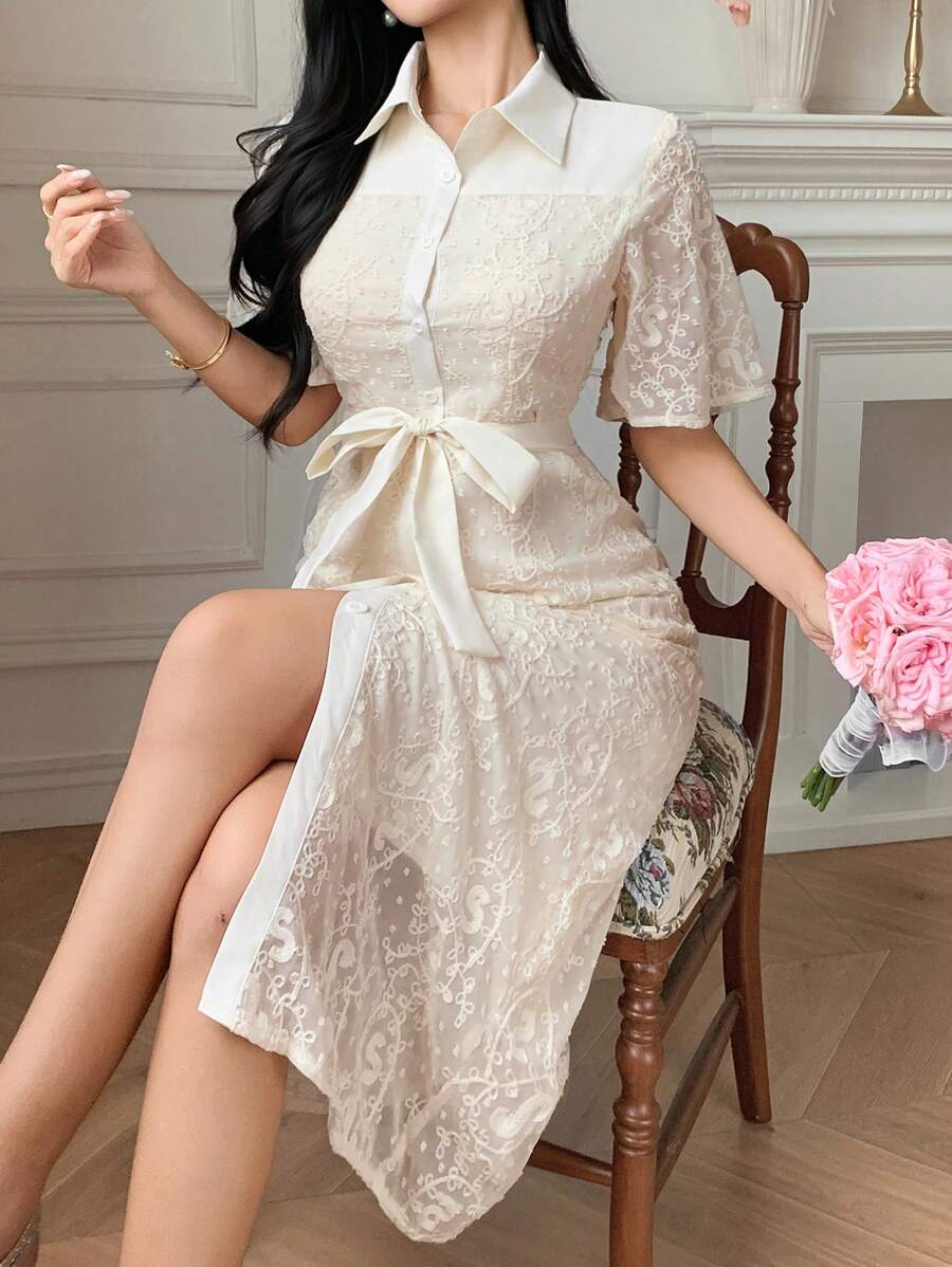 DAZY 女式蕾丝拼布直筒中长连衣裙（配腰带） - 杏色 - 查看 1