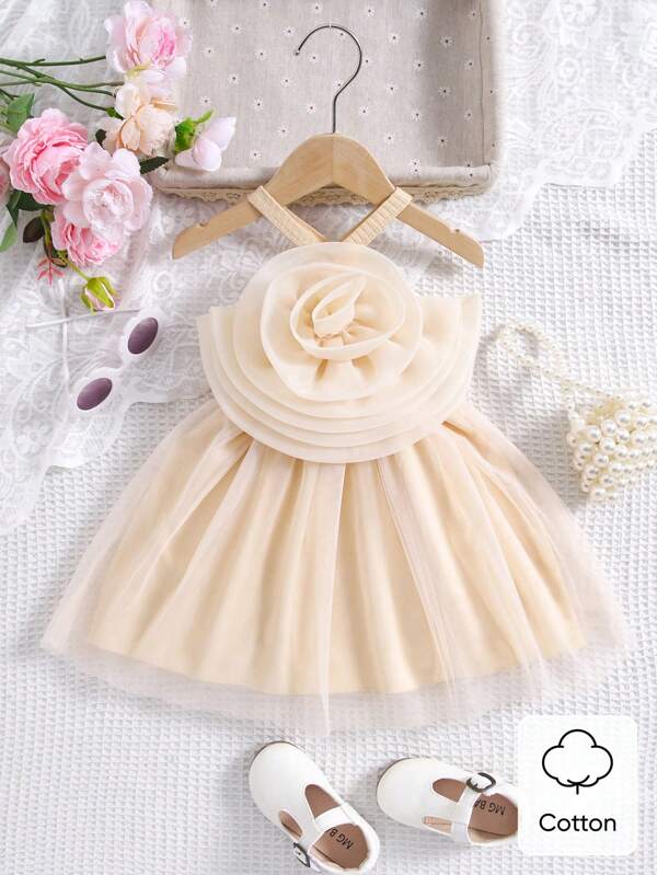 Baby Girl Mesh Princess Dress With 3D Floral Decoration And Halter Neck