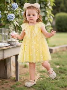 SHEIN Baby Girl Ditsy Floral Mesh Ruffle Edge Dress - Yellow - View 1