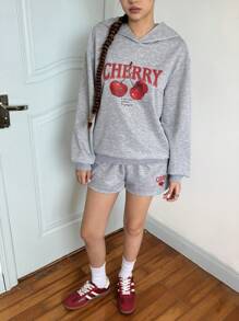 SHEIN Conjunto Casual de Moletom e Shorts Estampa de Cereja, Ajuste Folgado, Confortável, para Adolescentes - Cinza Claro - Visão 11