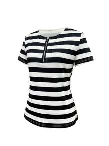 INAWLY Women's Summer Zip-Up Half Placket Striped Short Sleeve Casual T-Shirt - Black and White - View 4
