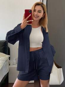 Livesso 2pcs Women Casual Solid Color Loose Fit Long Sleeve Shirt & Shorts Set, Spring/Summer,Fall Clothes Lounge Sets For Women - Navy Blue - View 5