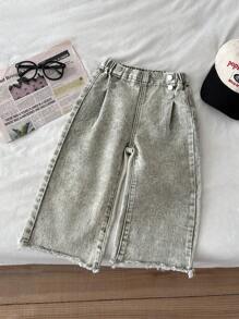 YOUNG GIRL Casual All-Match Everyday Versatile Button Front Detail Elastic Waist Raw Hem Wide Leg Jeans - Army Green - View 1