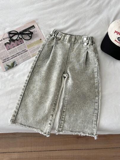 YOUNG GIRL 休闲百搭日常百搭纽扣前部细节松紧腰毛边阔腿牛仔裤